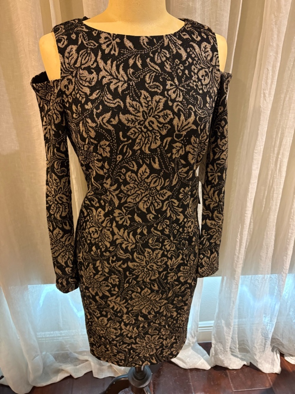 Eliza J Black and Gold Cold-Shoulder Floral Knit Dress